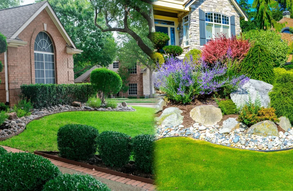 Professional landscaping services can transform a standard lawn into a stunning garden with decorative rocks and diverse plant life.