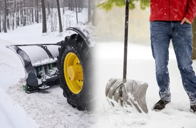 A split image showing a heavy-duty tractor snow plow on a path and a person holding a manual snow shovel.