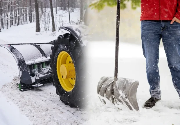 A split image showing a heavy-duty tractor snow plow on a path and a person holding a manual snow shovel.