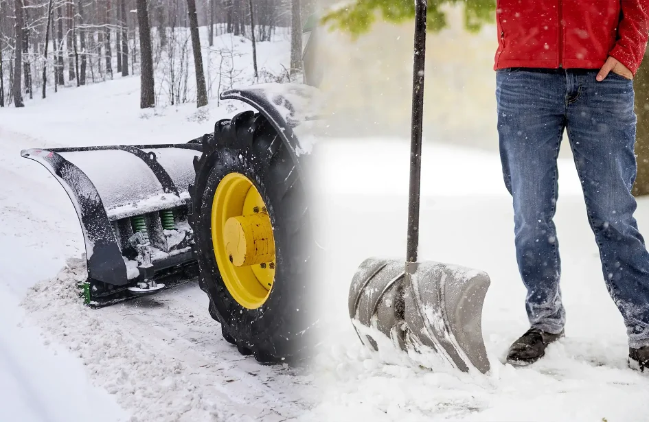 A split image showing a heavy-duty tractor snow plow on a path and a person holding a manual snow shovel.