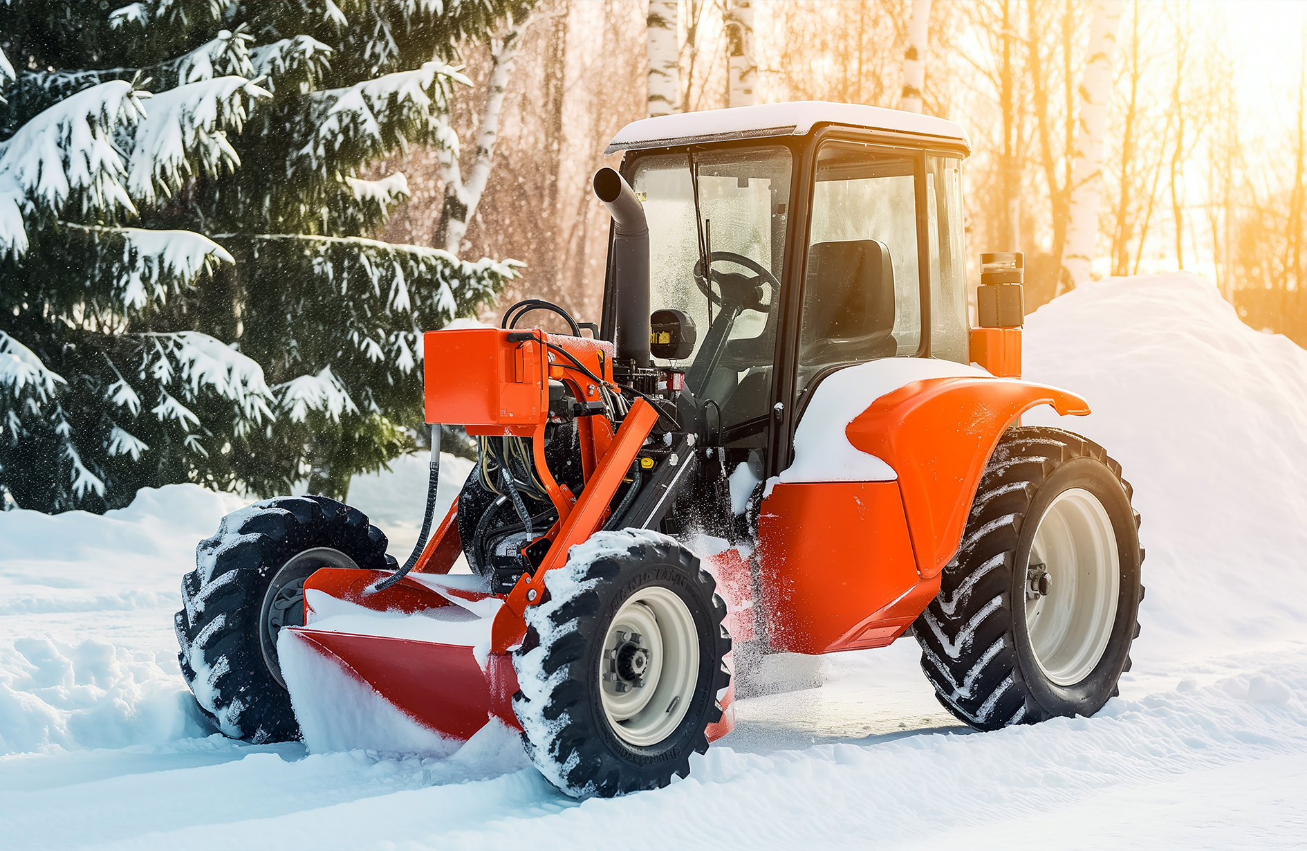 Bright red snow plow in Edmonton parked on snowy surface with rugged tires, surrounded by snow-covered trees and sunlight.