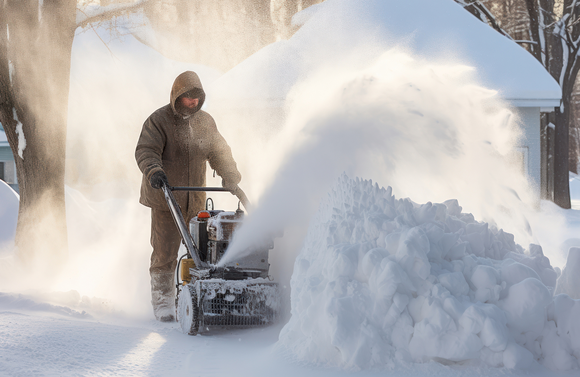 Snow blower Edmonton clearing deep commercial snow with high arc of snow particles, winter trees, and houses in background.