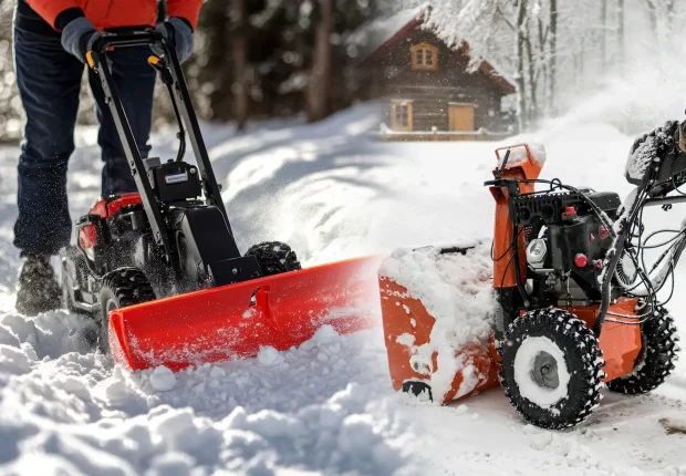 Snow removal in Edmonton with snow blowers clearing commercial property