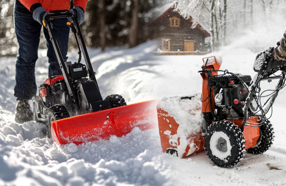 Snow removal in Edmonton with snow blowers clearing commercial property