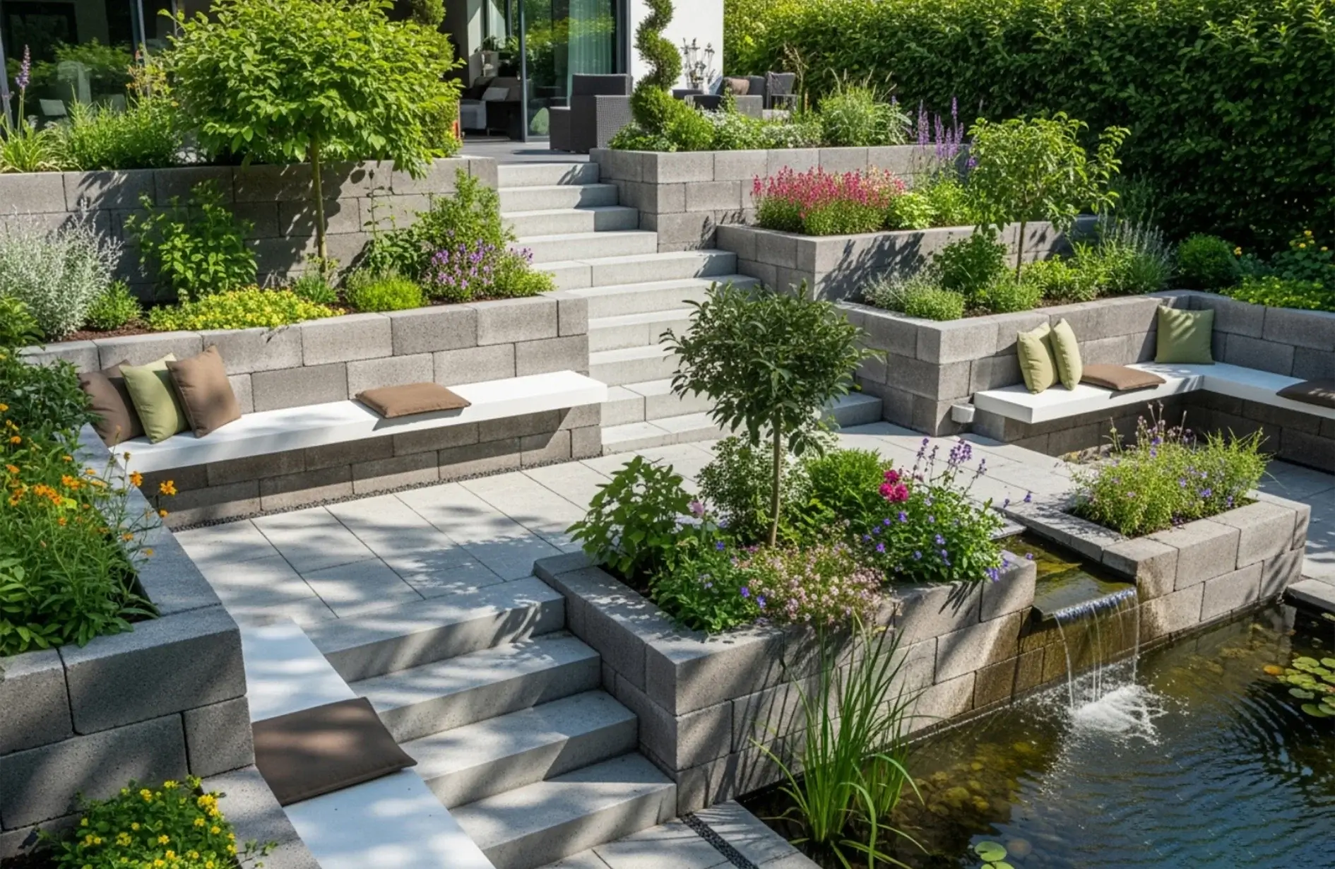 Modern retaining wall with built-in seating, plants, steps, and pond in Edmonton backyard landscape
