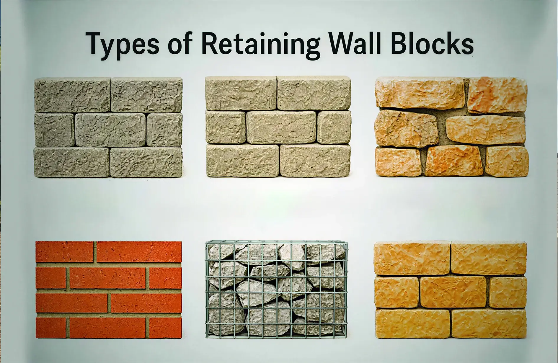 Types of retaining wall blocks: concrete, brick, gabion, and textured stone blocks for Edmonton landscape construction
