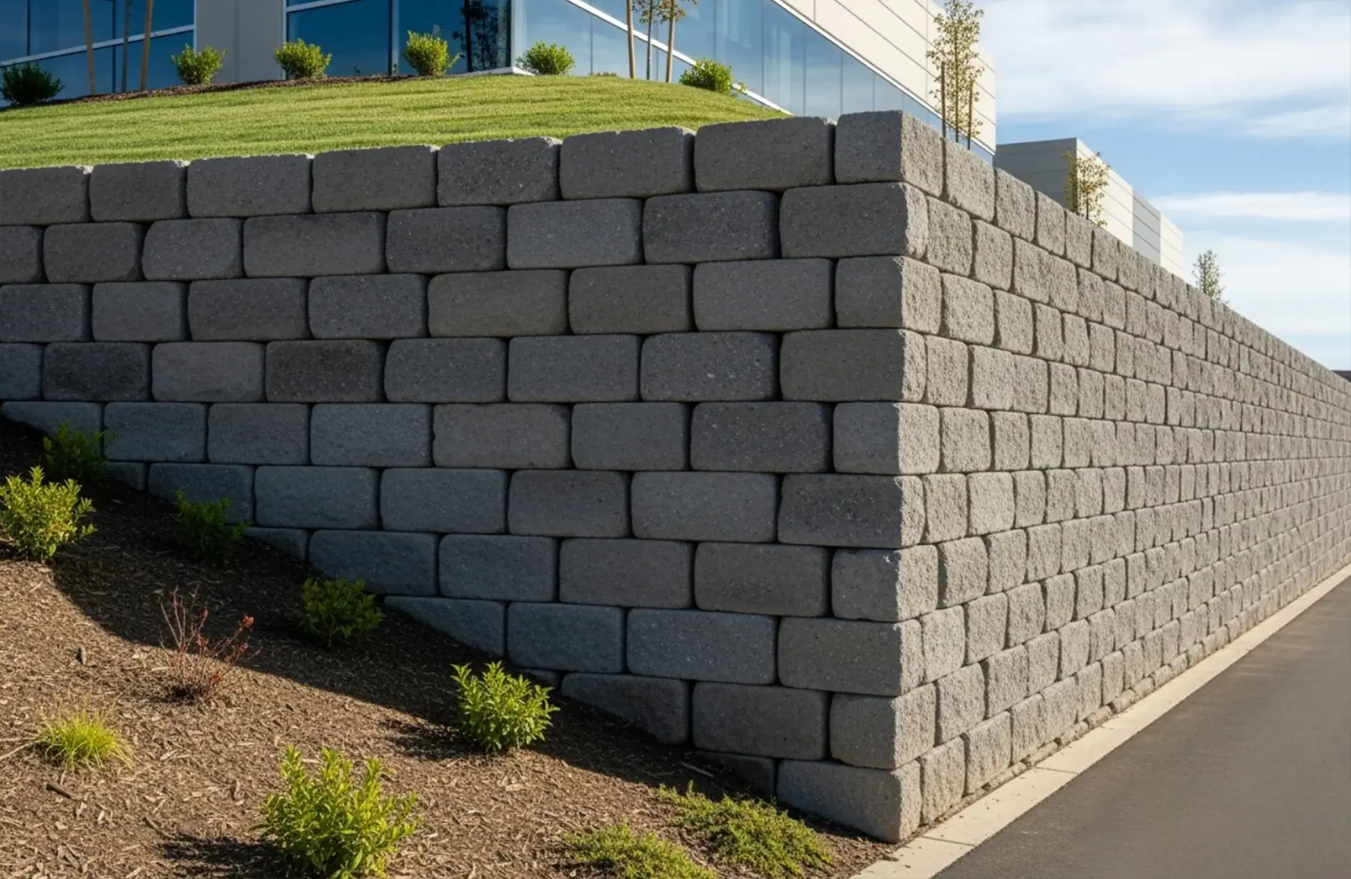 Grey concrete block retaining wall beside Edmonton commercial building with turf and plants by TerraLand.