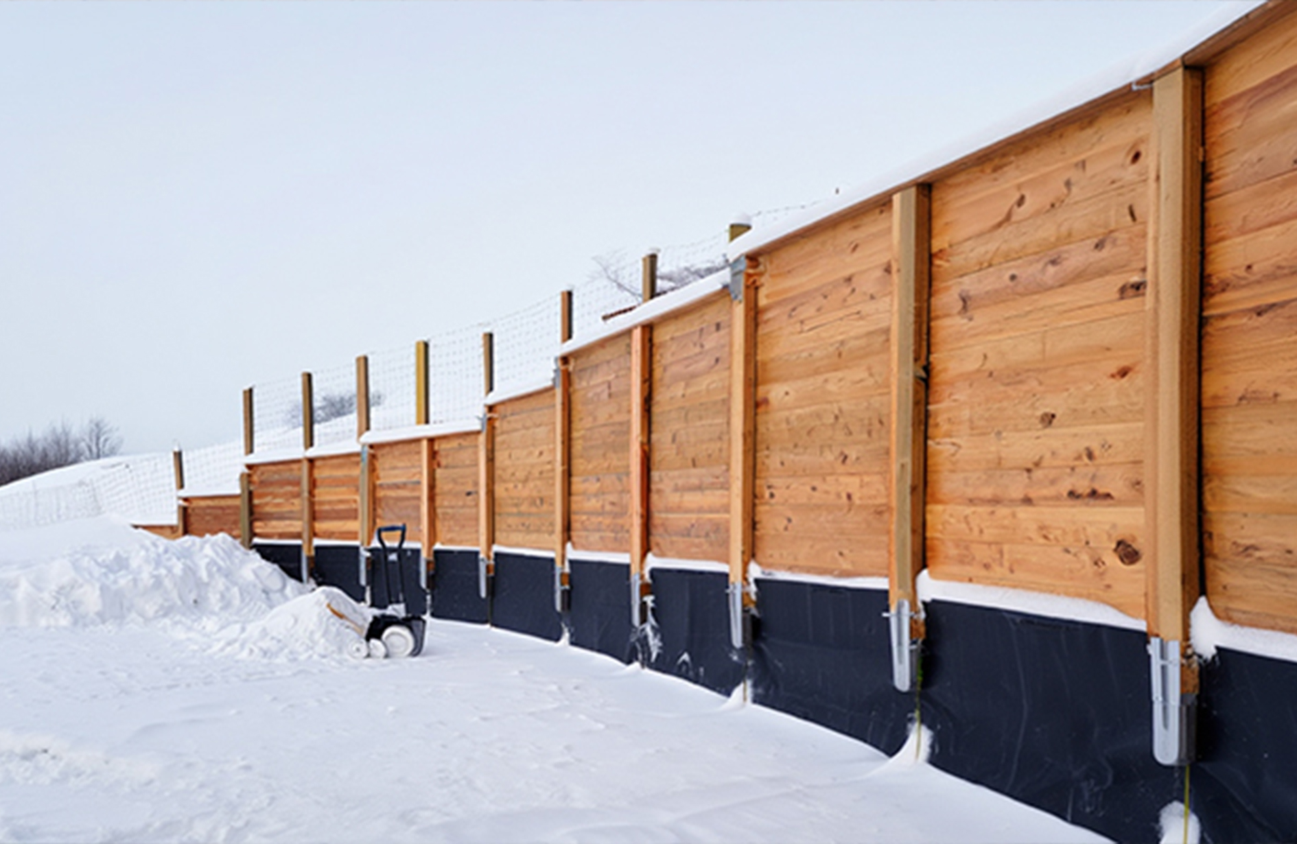 Snow-covered wood retaining wall with winter protection setup