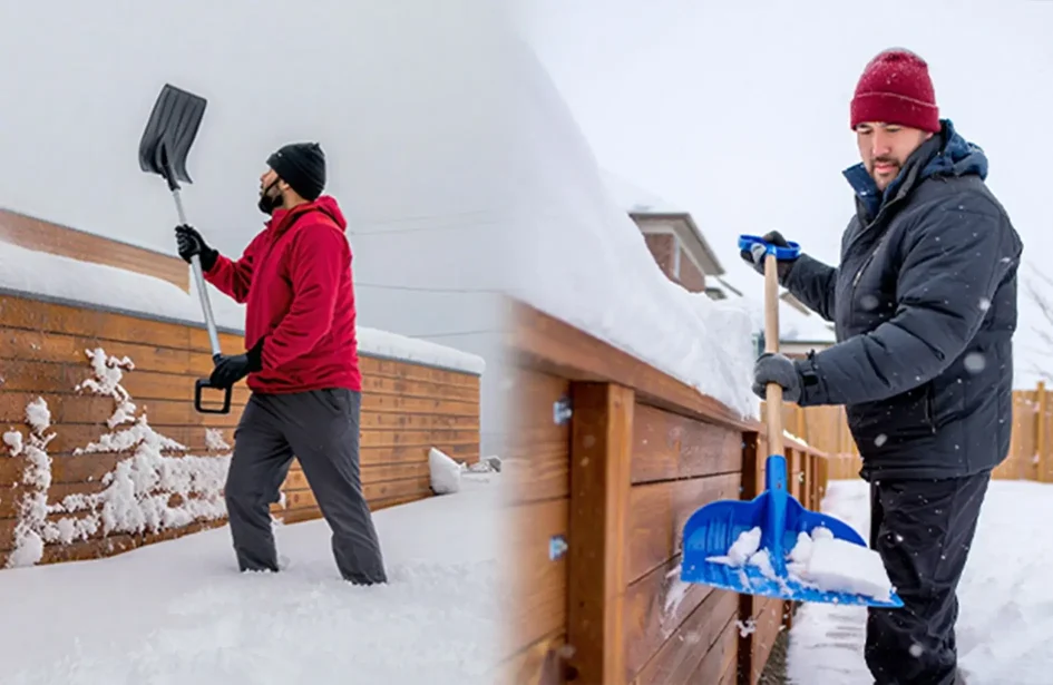 Edmonton landscapers clearing snow piles from pressure-treated wood retaining wall during winter frost protection maintenance.​