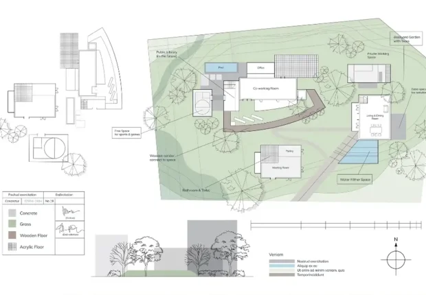 Detailed 2D landscape architecture master plan showing a pool, co-working room, and garden layout with a material legend.