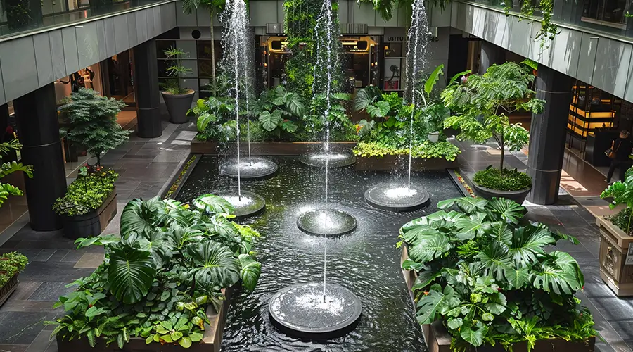 Commercial landscape architecture featuring indoor courtyard with fountain and tropical plants