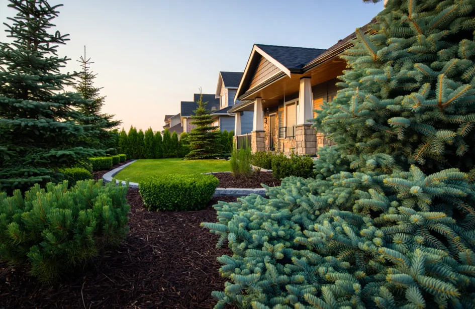 Modern grey townhouses with landscaped front yard, blue spruce trees, boxwoods, curved path, and green lawn at sunset.