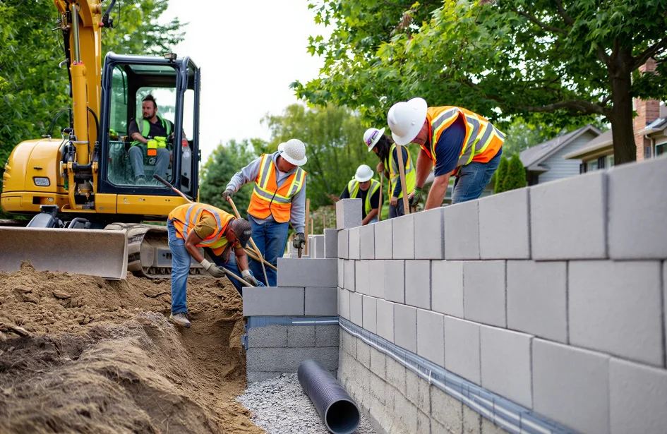 Construction crew installing a heavy-duty stone block retaining wall with proper drainage for an Edmonton property.