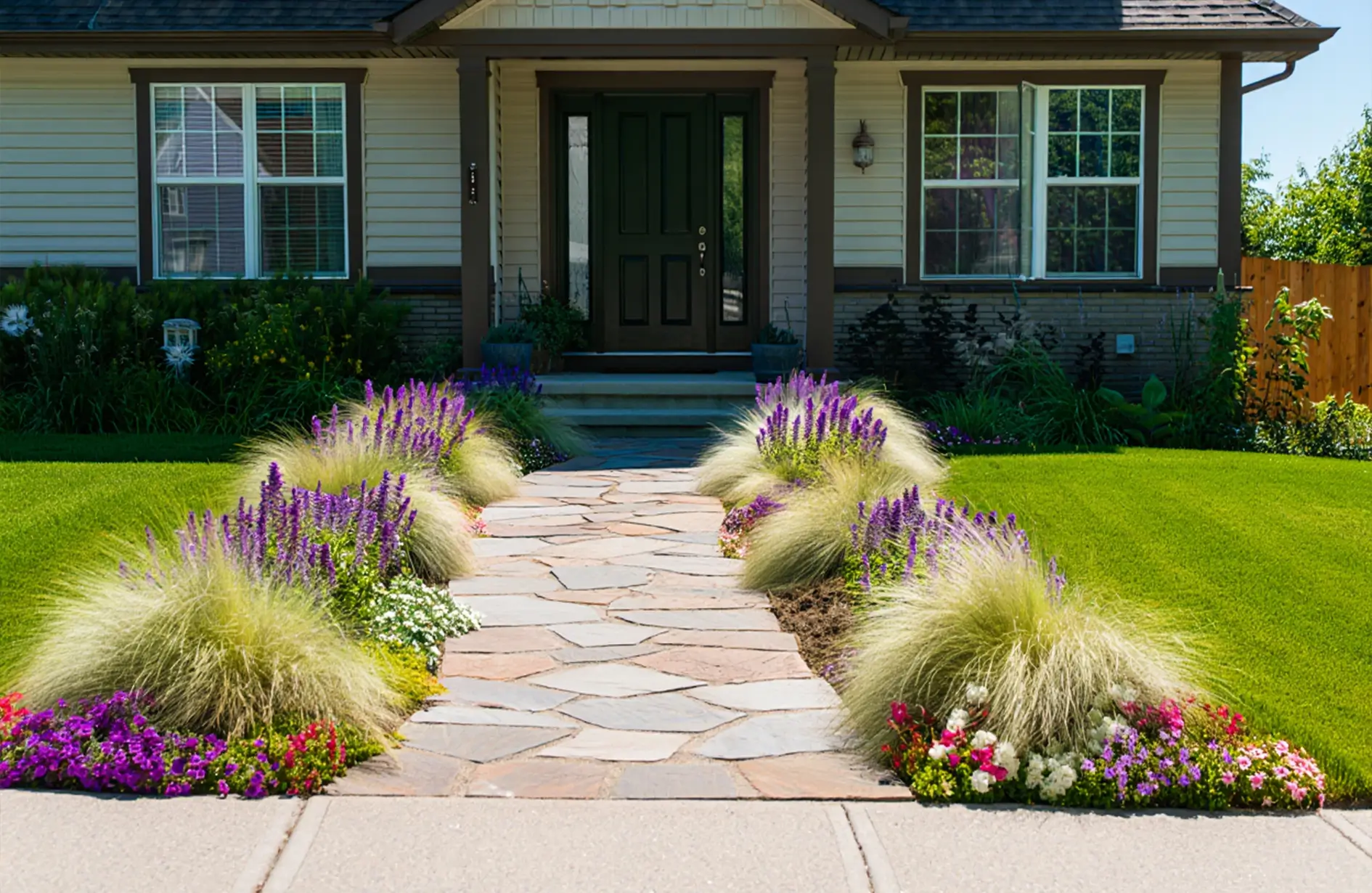 A colorful front yard entry path in Edmonton featuring a flagstone walkway, decorative grasses, and vibrant flower beds.