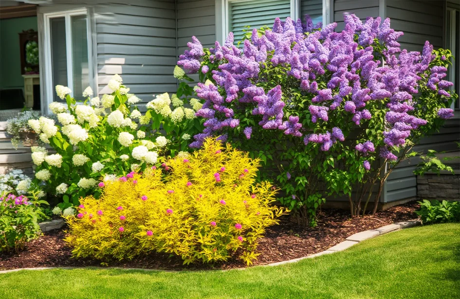 Vibrant purple lilacs, white hydrangeas, and yellow flowering shrubs planted in a mulched garden bed along a residential home.