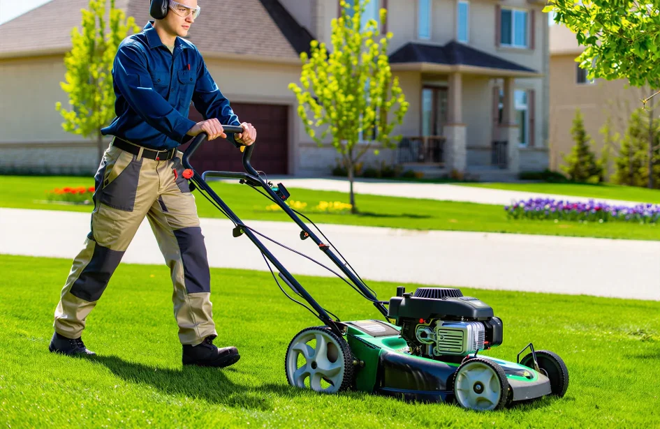 Professional landscaper wearing safety gear and uniform mowing a large green residential lawn in Sherwood Park with a modern lawnmower.