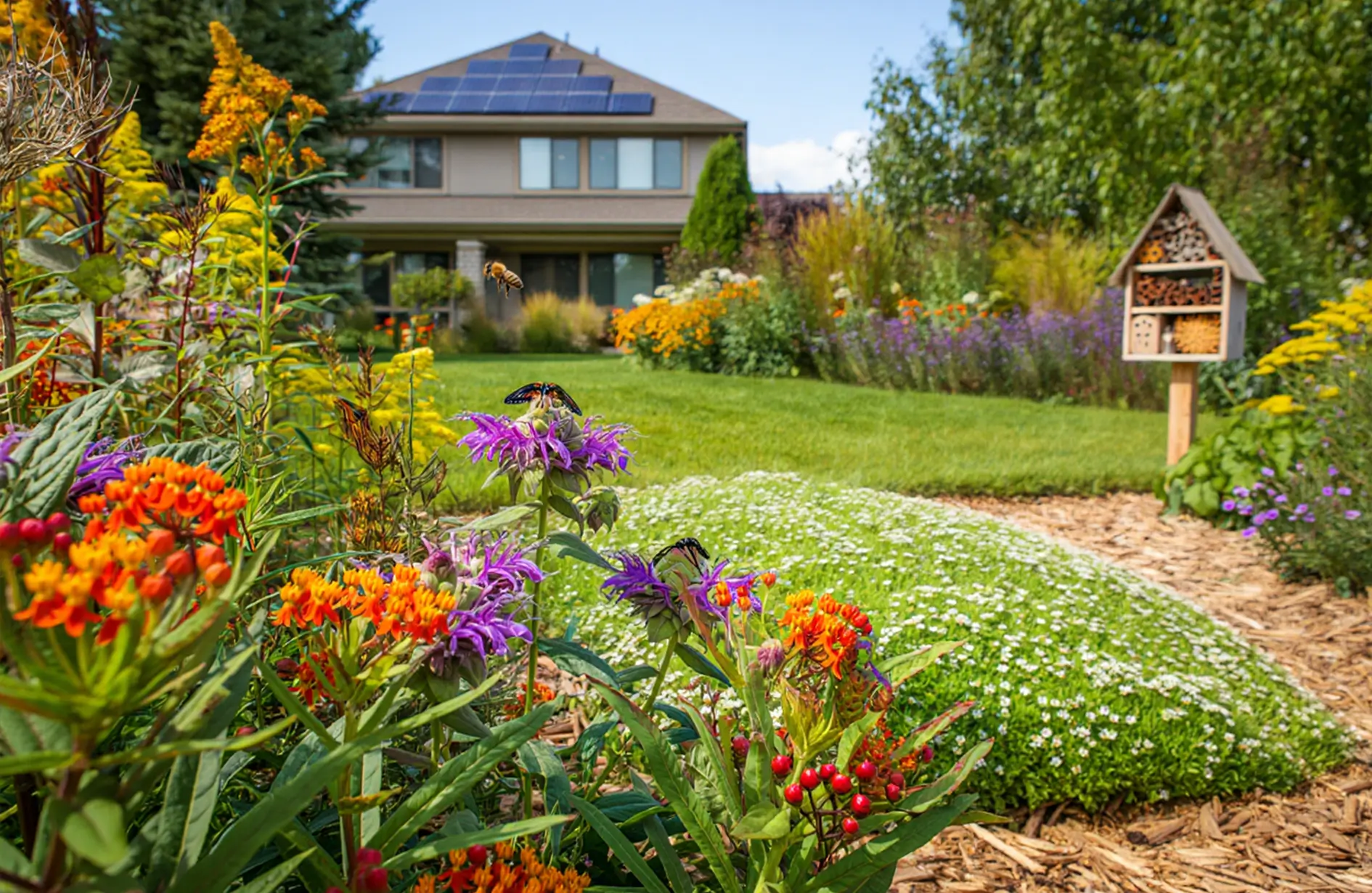 Seasonal garden landscape design in Edmonton with colorful flowers and green lawn