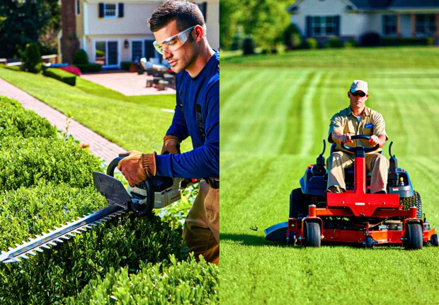 Professional hedge trimming and precision lawn mowing in an Edmonton residential backyard.