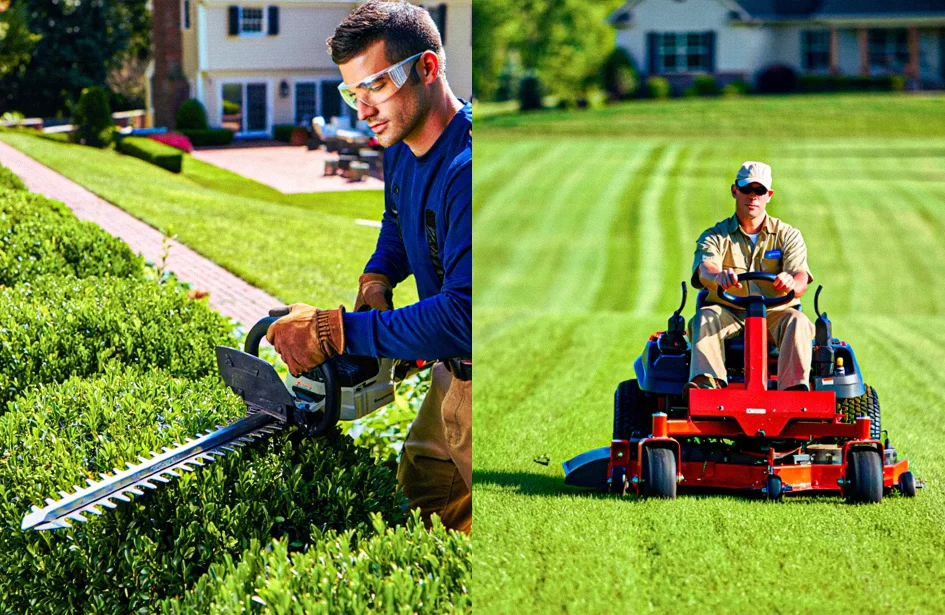 Professional hedge trimming and precision lawn mowing in an Edmonton residential backyard.