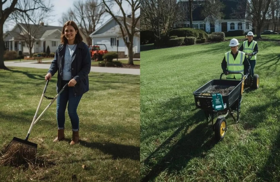 Split image showing a woman raking a lawn on the left and professional crews using a spreader on a green lawn on the right.