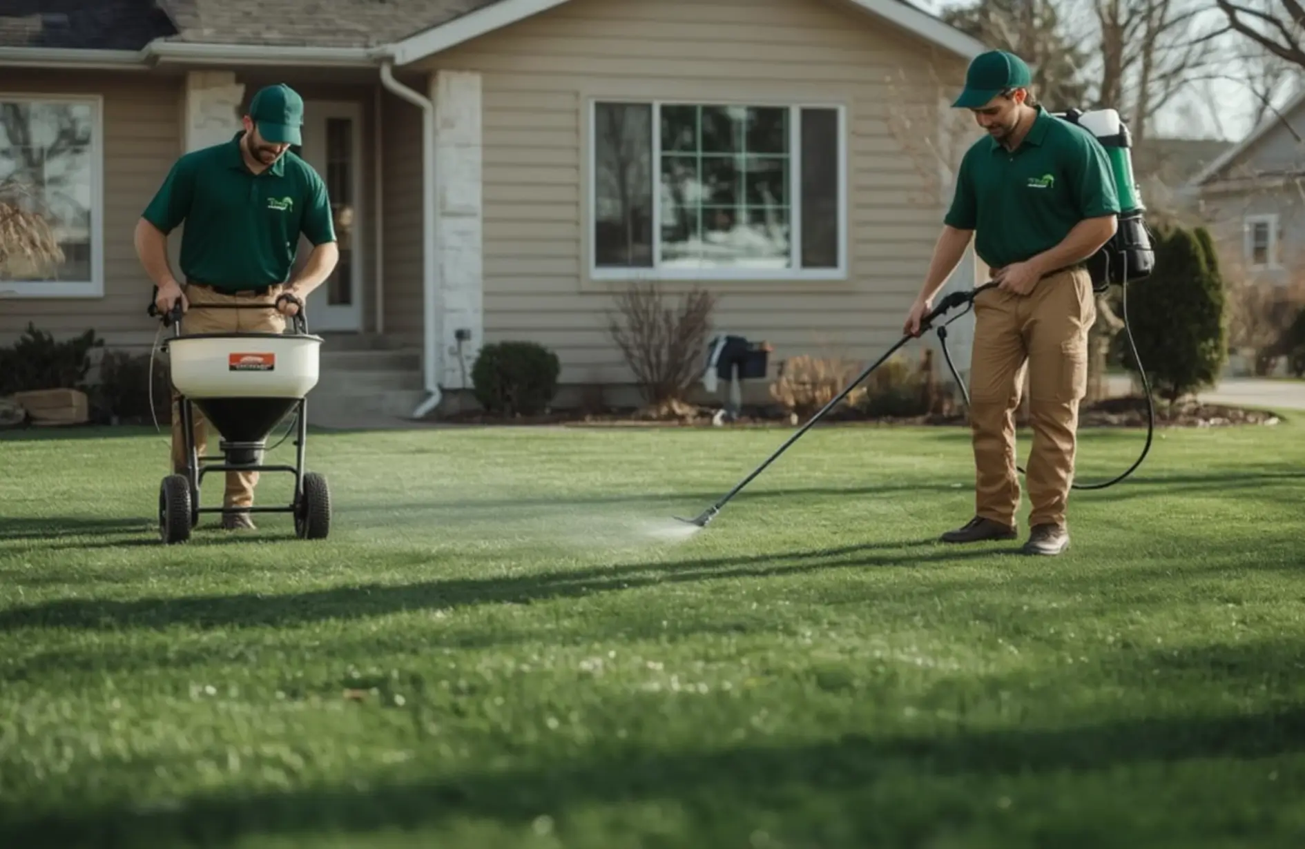 Two professional landscapers applying fertilizer and liquid weed control to a residential lawn.