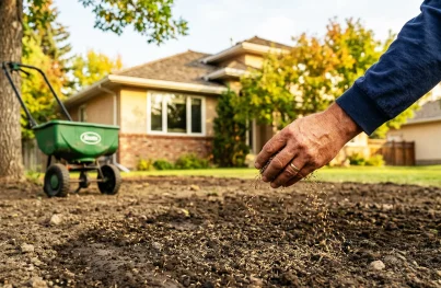 A person hand-seeding a prepared soil bed in a residential backyard with a green lawn spreader in the background.
