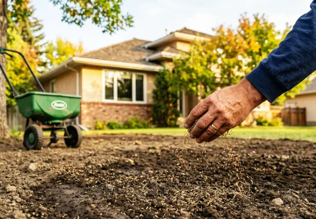 A person hand-seeding a prepared soil bed in a residential backyard with a green lawn spreader in the background.