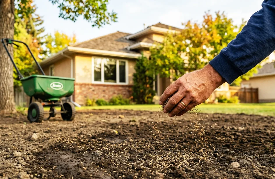 A person hand-seeding a prepared soil bed in a residential backyard with a green lawn spreader in the background.