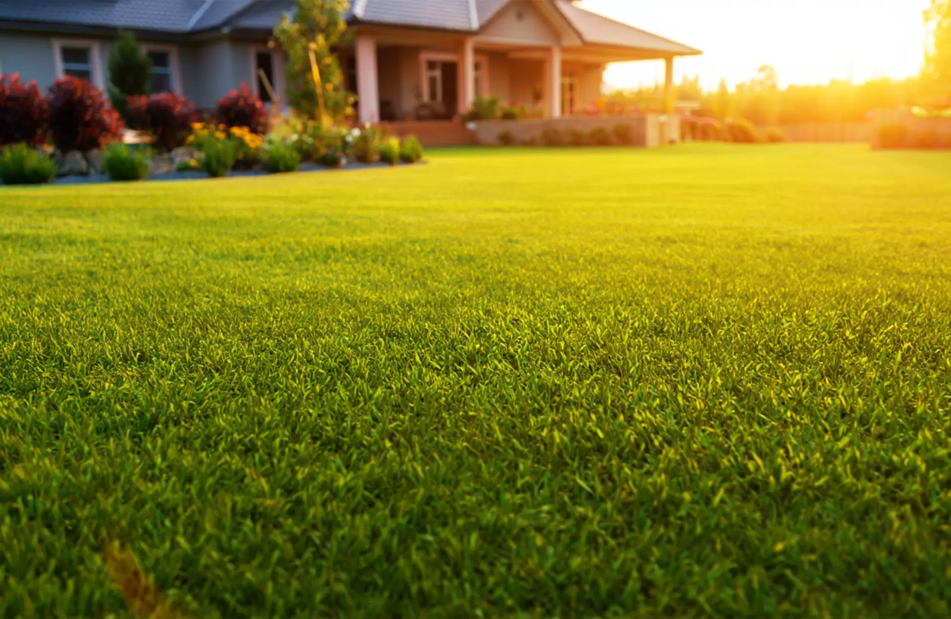 Healthy and vibrant green lawn in front of a residential house during a golden hour sunset.