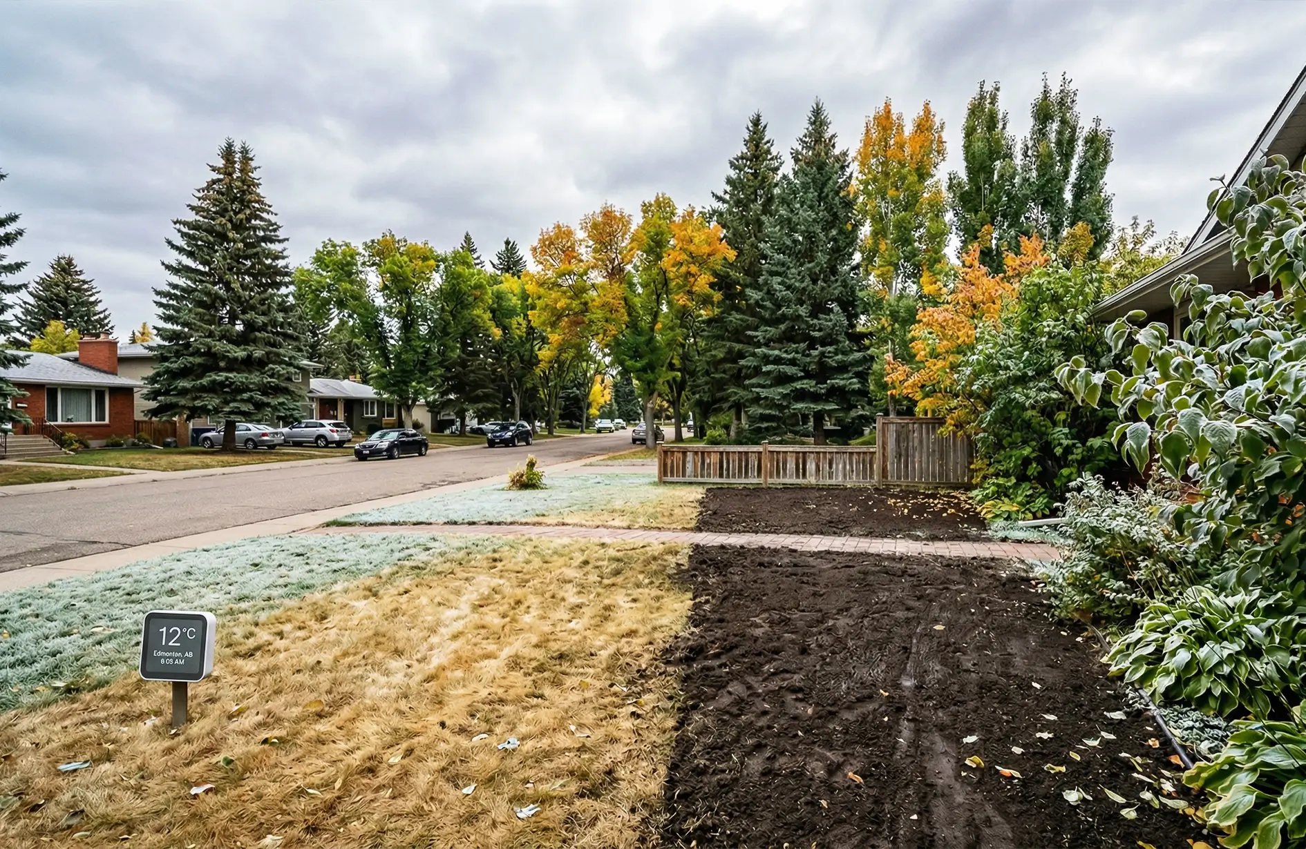 A residential front yard in Edmonton showing a section of frost-covered grass next to freshly prepared dark topsoil.