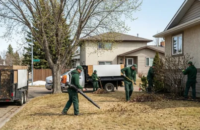 Professional crew in green uniforms clearing winter debris from a residential lawn using a leaf blower and rakes.