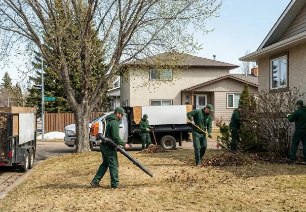Professional crew in green uniforms clearing winter debris from a residential lawn using a leaf blower and rakes.