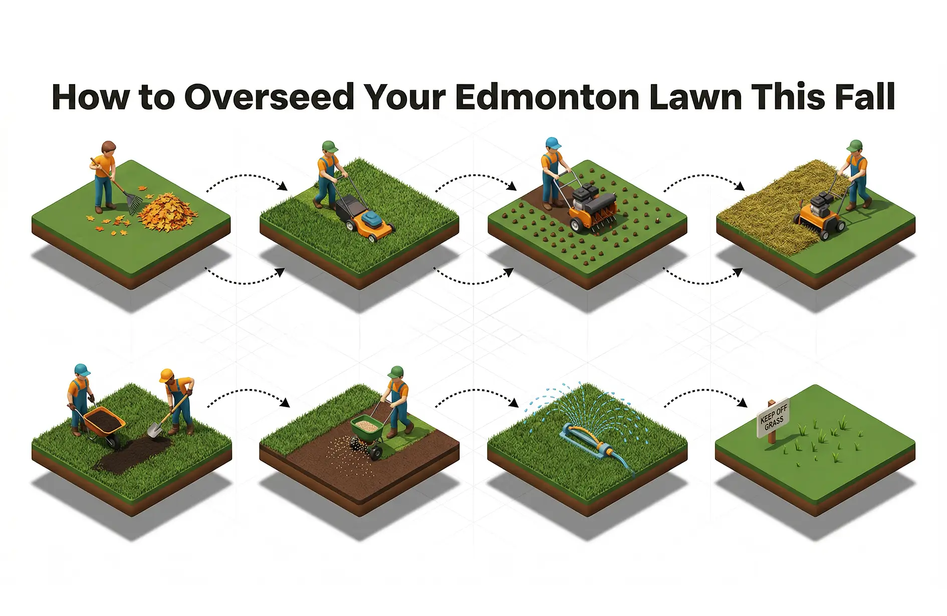 An 8-step isometric infographic illustrating how to overseed an Edmonton lawn, featuring mowing, aerating, fertilizing, and watering processes.
