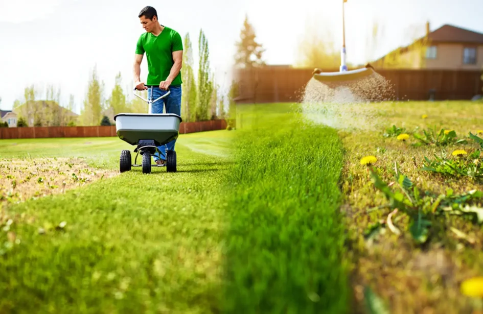 Split view of a man using a fertilizer spreader on a green lawn vs. a patchy yard with yellow dandelions.