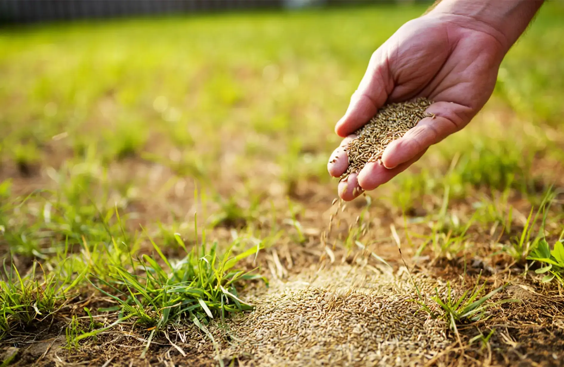 Close-up of a person's hand spreading a large handful of green grass seeds onto a thin, patchy lawn for restoration.