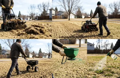 Grid showing spring lawn care steps: power raking, aeration, overseeding, fertilizing, and weed control.