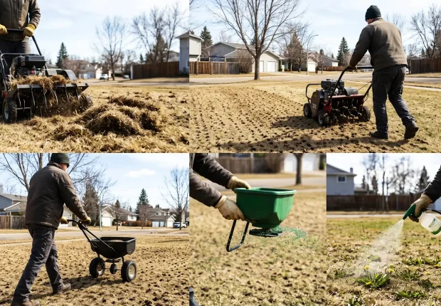 Grid showing spring lawn care steps: power raking, aeration, overseeding, fertilizing, and weed control.