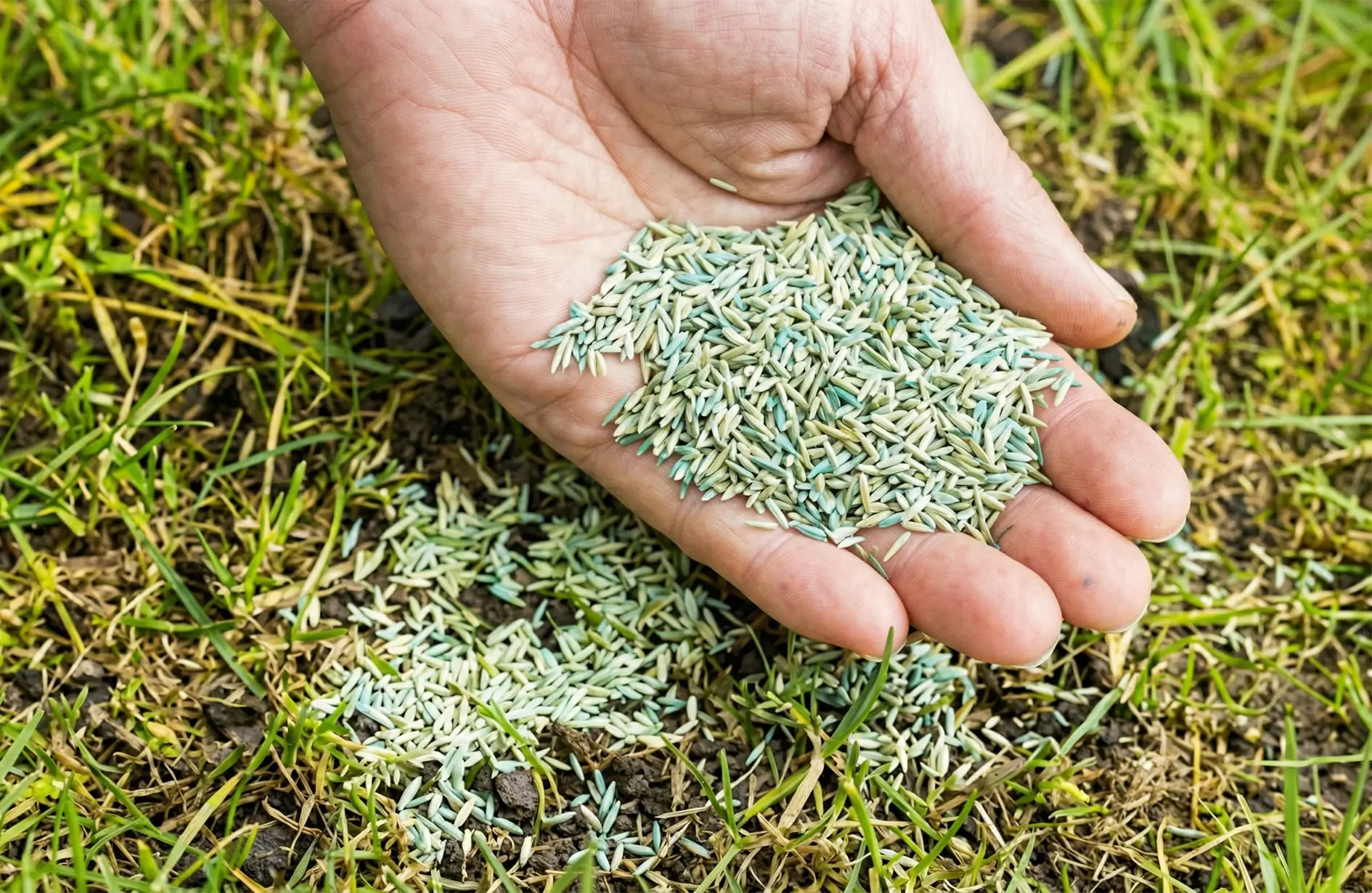 Close-up of a hand spreading green-coated grass seeds over bare soil and thin grass for lawn restoration in spring.