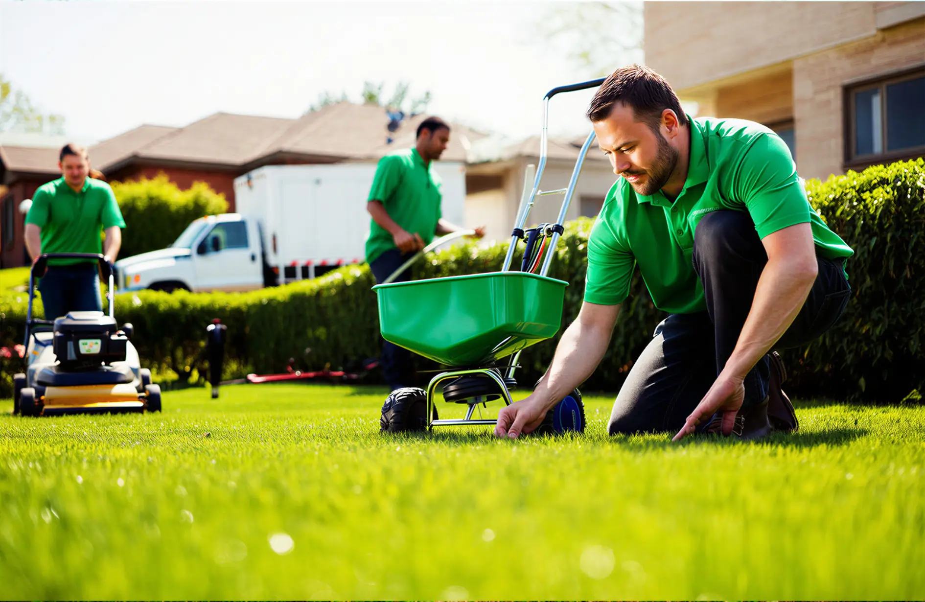 Professional lawn care technician inspecting grass health alongside a fertilizer spreader and mowing equipment.