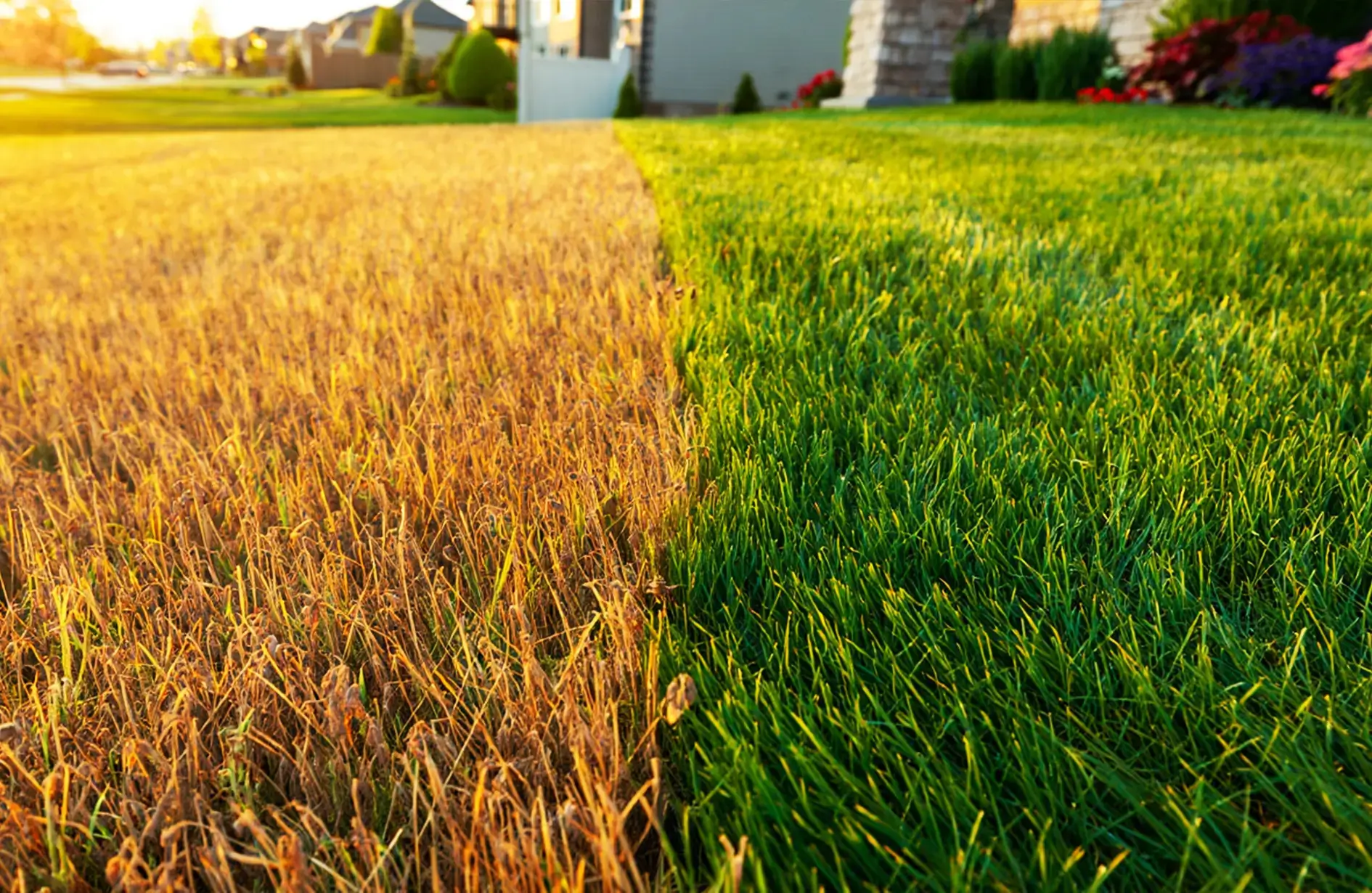 Comparison of a brown, weed-filled lawn versus a lush, healthy green lawn.
