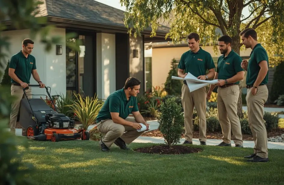 A team of professional landscapers in green uniforms discussing a site plan and maintaining a residential garden.