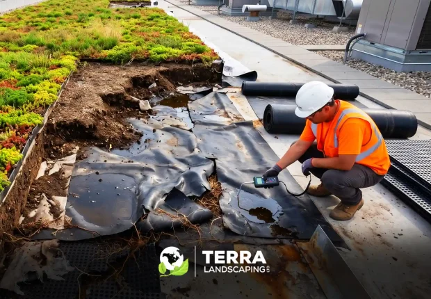 A construction worker inspecting a green roof waterproofing and drainage system membrane on a rooftop in edmonton.