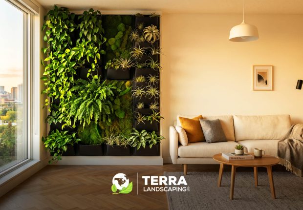 Indoor living green wall installed in a modern apartment living room next to a window and sofa.