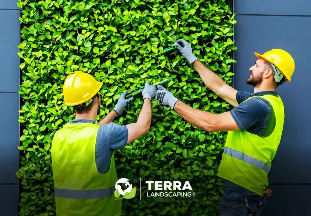 Two professional landscaping workers in safety vests and hard hats maintaining a lush green living wall installation in edmonton.
