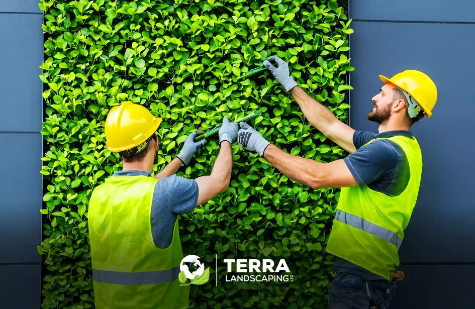 Two professional landscaping workers in safety vests and hard hats maintaining a lush green living wall installation in edmonton.